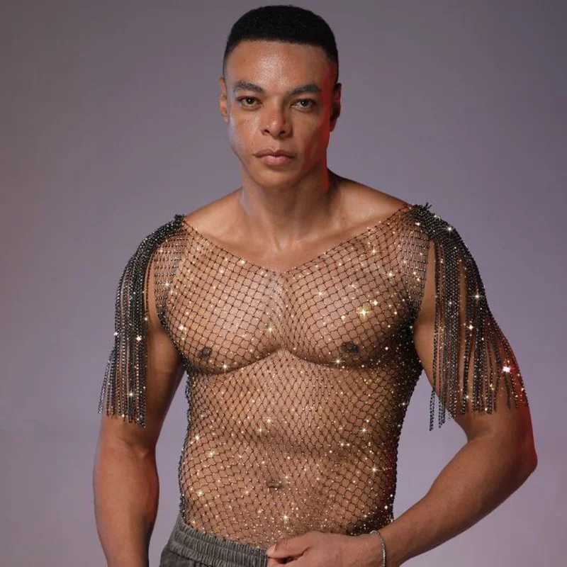 

Men's Sexy See-through Sequin Tassel Fishnet Vest Tops Bar Dancing Party Performance Costume Beach Swimsuit Racerback Vest
