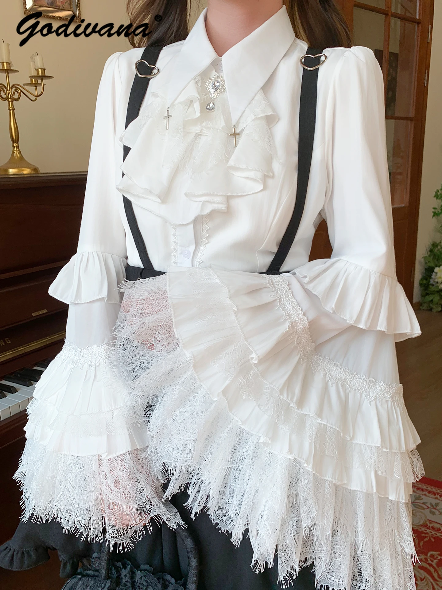 

Gothic Lolita Shirt Women's Sweet Big Lace Sleeve Ruffled Blouse New Spring Autumn Inner Wear Multi Layer Lace Tops