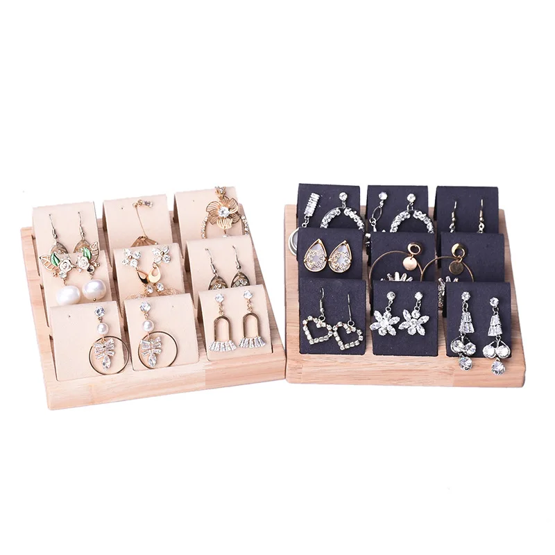 9 Pair Earring Display Stand Jewelry Shop Show Tray Natural Wood Stud Earring Display Stand Rack Earring Card Holder w/ Tray