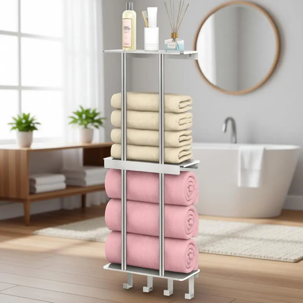 

Трехуровневая полка и вешалка для полотенец с 4 крючками из матового никеля для ванной комнаты