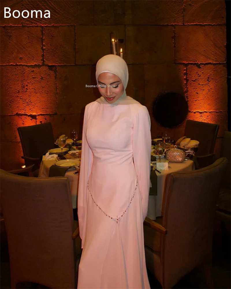 Booma A ライン シンプル ロング クリスタル イブニング ドレス O ネック ピンク フォーマル ドレス 女性用 エレガント プロムドレス カスタムメイド 2025