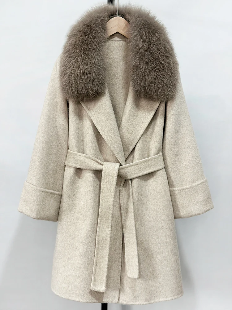 Nouveau manteau en laine mélanges pour femmes mode femme luxe veste en laine de cachemire 2025 automne hiver chaud col de fourrure de renard naturel