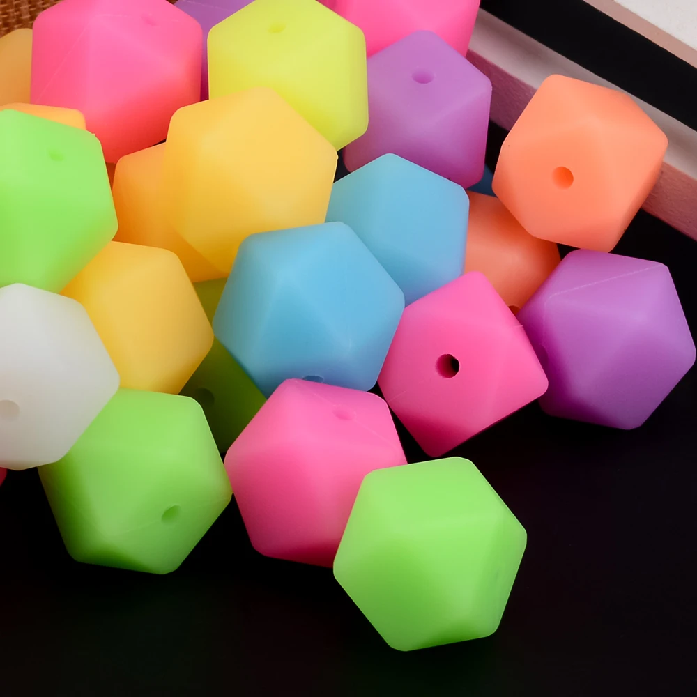 Lofca 20pcs 14mm Mini Hexagon Luminous Beads Glow In The Dark BPA Free Silicone Loose Marking DIY Chewable Colorful For Kids