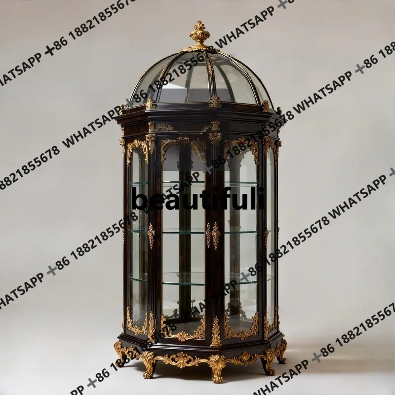 Round, carved tea cabinet, antique jewelry, ceramic decoration, display cabinet