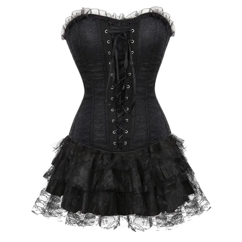 Women Sexy Lace Vintage Corset Dress Gothic Front Tie-up Corset Bustier Top With Lace Skirt Sets Showgirl Burlesque Costume Dres