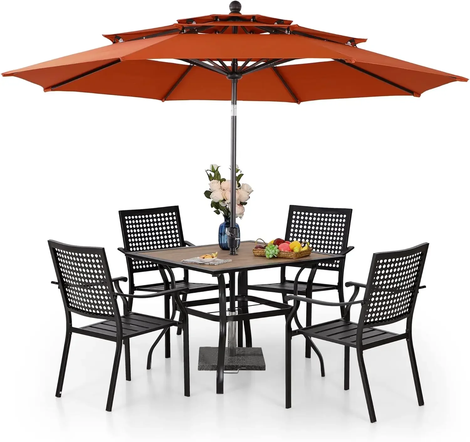 PHI Villa 5-piece metal outdoor stackable forged iron chair set with 10 inch platform umbrella