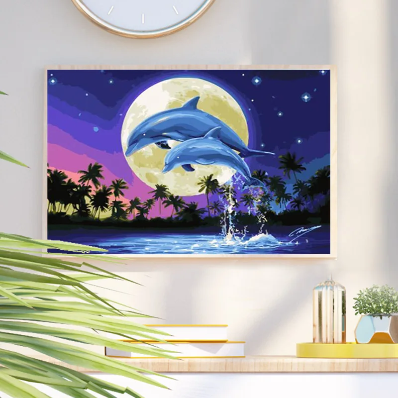 Dolphins Diy Paints By Numbers Animals Picture Oil Painting By Numbers Set Gift Coloring By Numbers Adult Kit On Canvas Wall Art