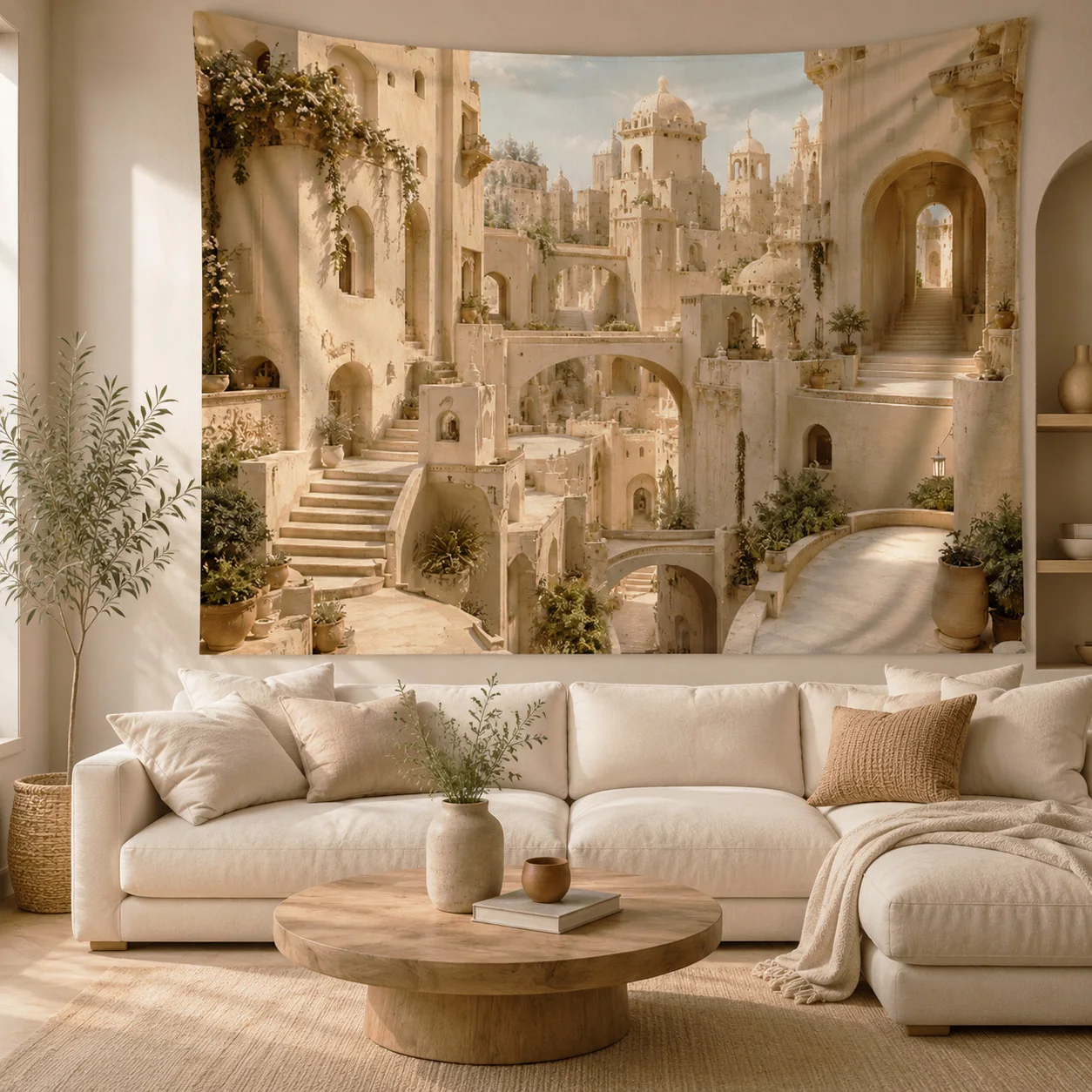 Neutral Beige European Ancient Castle Town Tapestry, Vintage Stone Architecture Wall Hanging