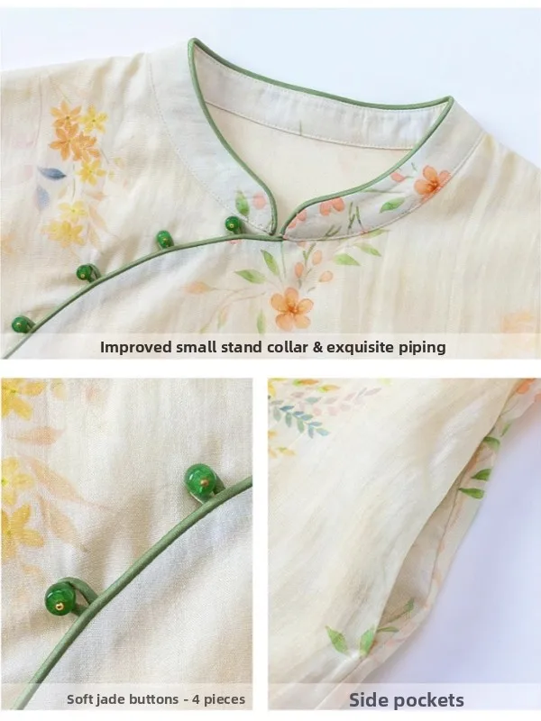 Elegancka damska bawełniana sukienka z nadrukiem, stójką, zapinana na guziki, w stylu modyfikowanego qipao, nowa letnia, do pracy, miękka, średniej długości, długa spódnica.