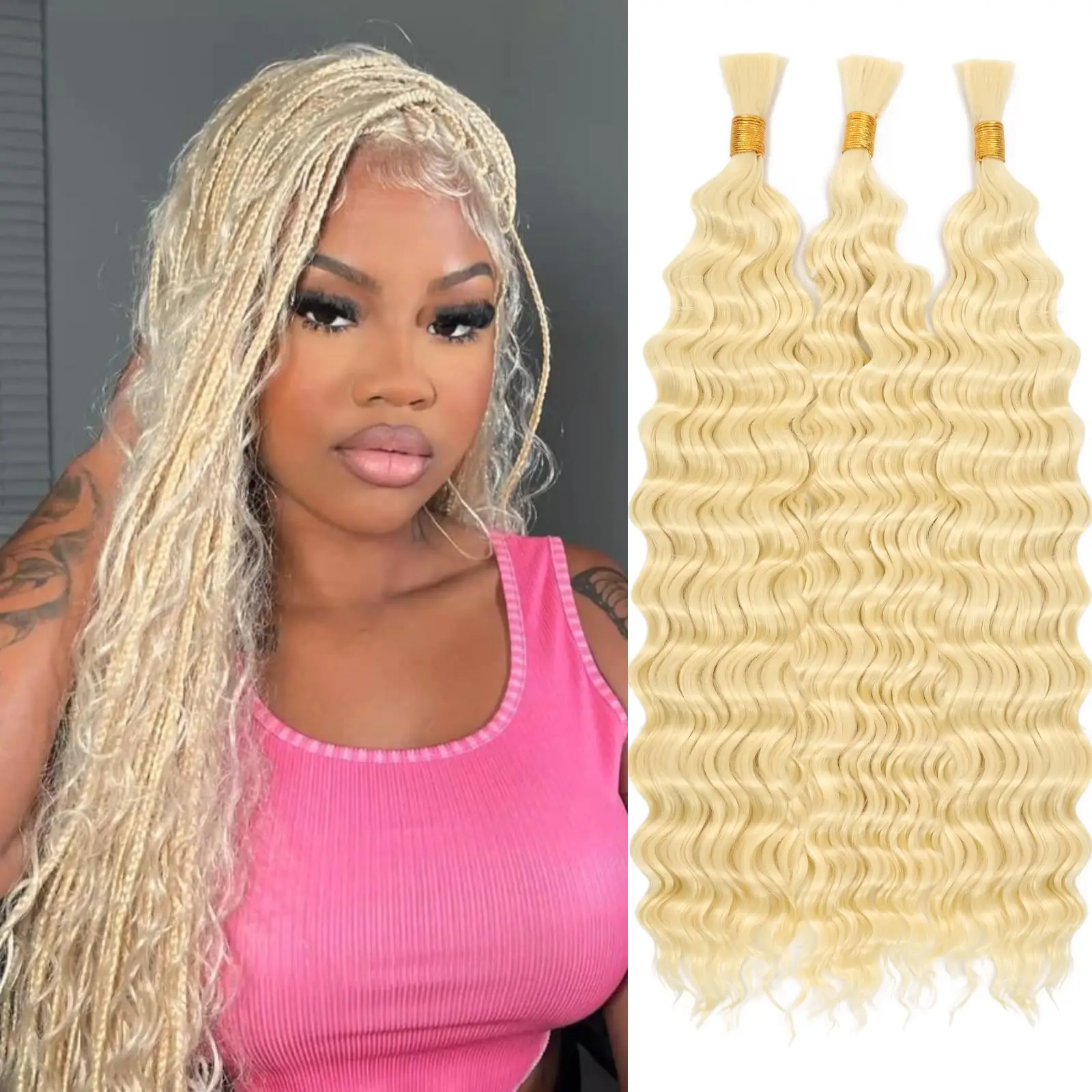 3 Bundle/Pack Boho Braids Human Hair Extensions 613 Blonde Deep Wave Bulk Human Hair For Braiding Bulk Human Hair No Weft Bundle