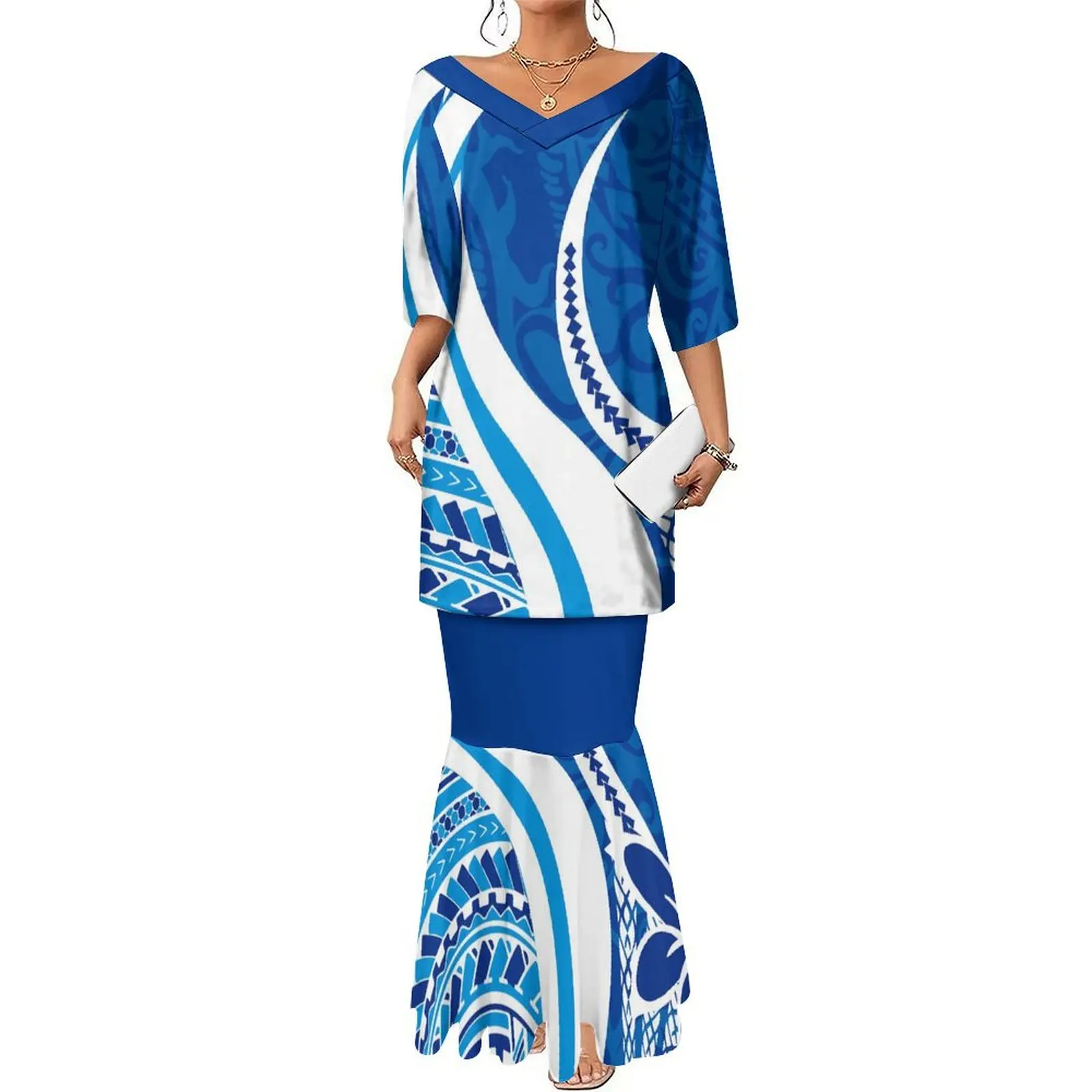 Polynesian Print Tribal Ethnographic Dress Summer Mid-Sleeve Puletasi Custom Pacific Island Art 2024 Ladies Fishtail Dress