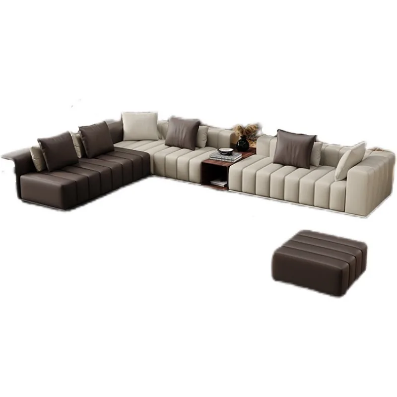 

Leather sofa Modern light luxury living room Villa large flat floor special-shaped corner concubine sofa