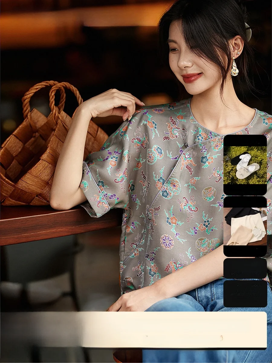 

Elegant New Chinese Style round Neck Silk Blouse Women's Small Top Asymmetrical Sleeve Design Cool Feeling Summer Shirt