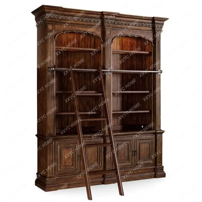 Full-wall storage cabinet with ladder, carved study storage cabinet