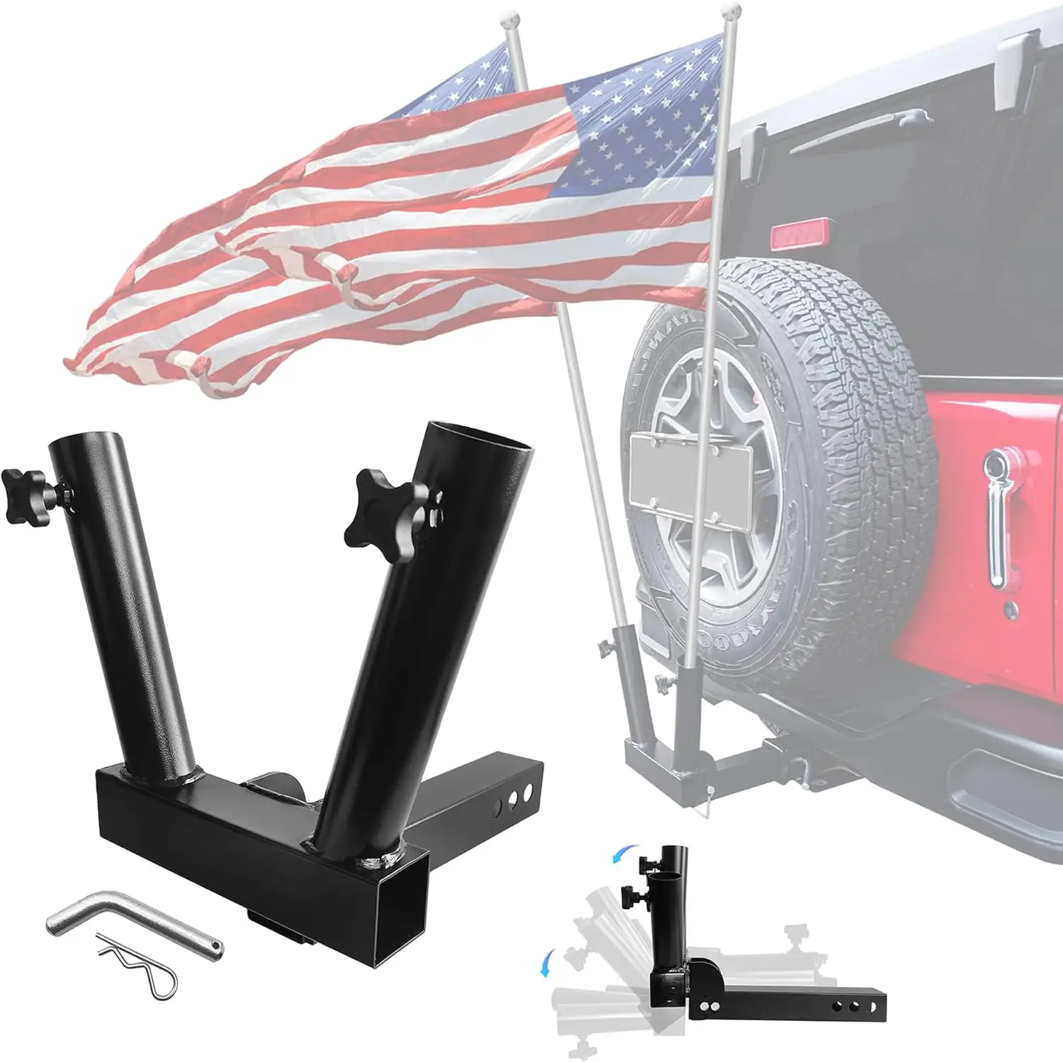 

Foldable Hitch Mount Dual Flagpole Holder Universal for Standard 2 inch Receiver fit for Truck SUV RV Pickup