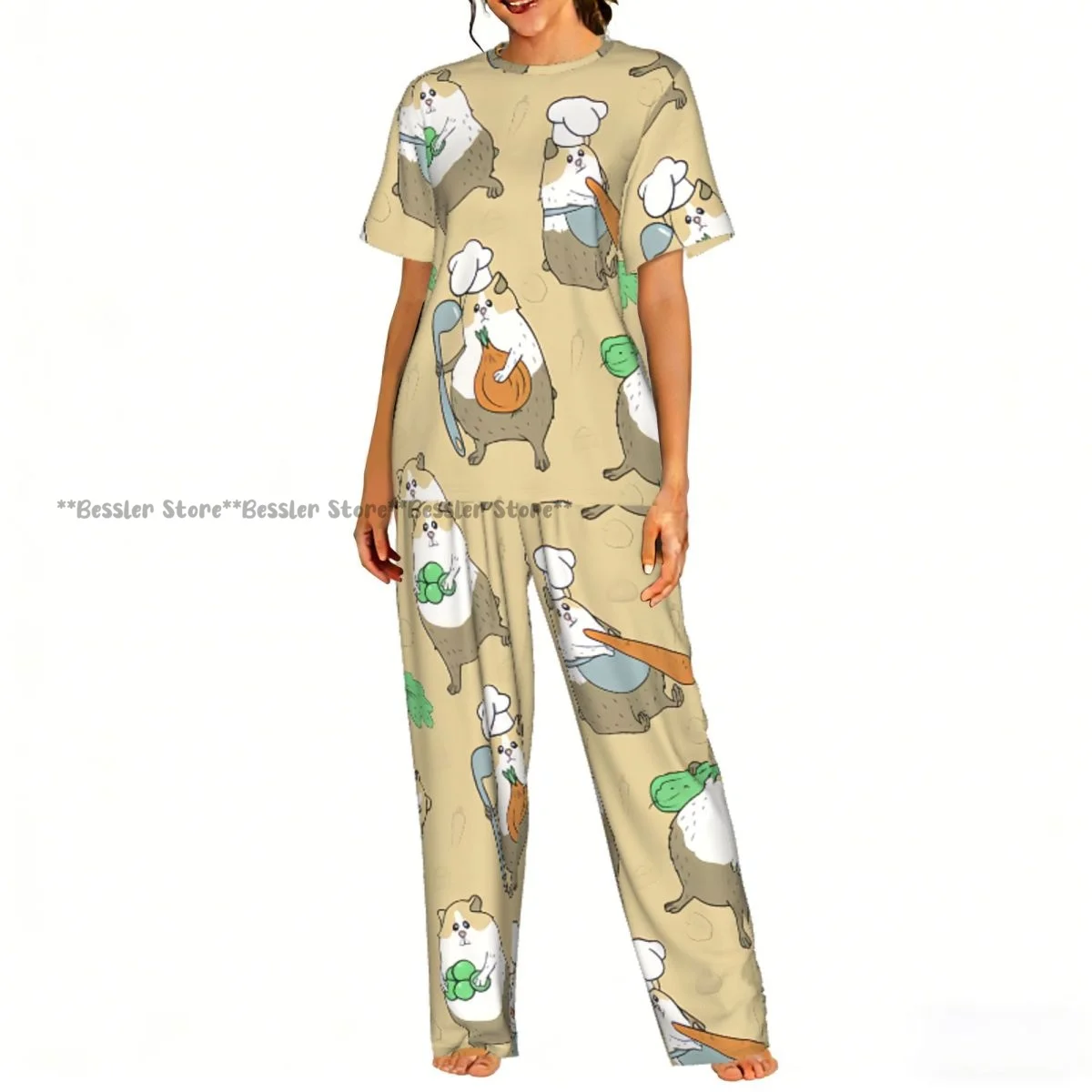 

Women Pajama Sets Lounge Sleepwear Guinea Pigs With Vegetables Short Sleeve Nightwear
