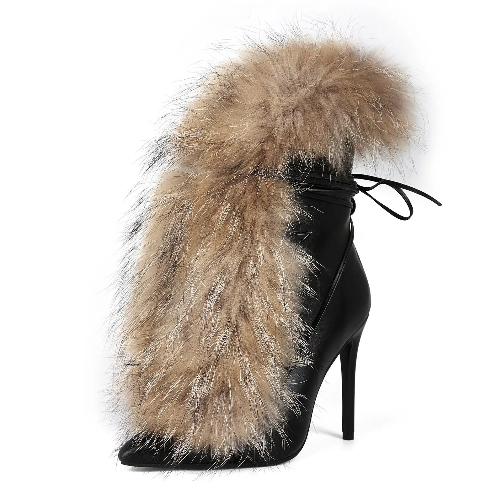 2025 Sexy Ladies Peep toe Fox Fur Wrapped Ankle Boots Thin High Heels Fur Boots Women Street Runway Short Bottines 44