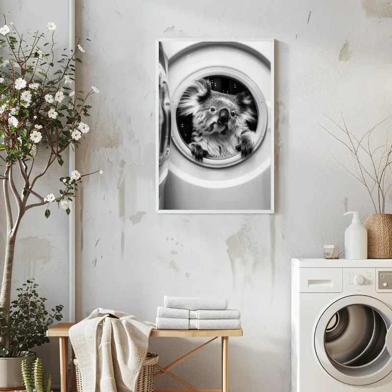 Funny Animal Black and White Laundry Room Poster Lion Panda Dog in Washing Machine Humor Canvas Picture Wall Bathroom Home Decor