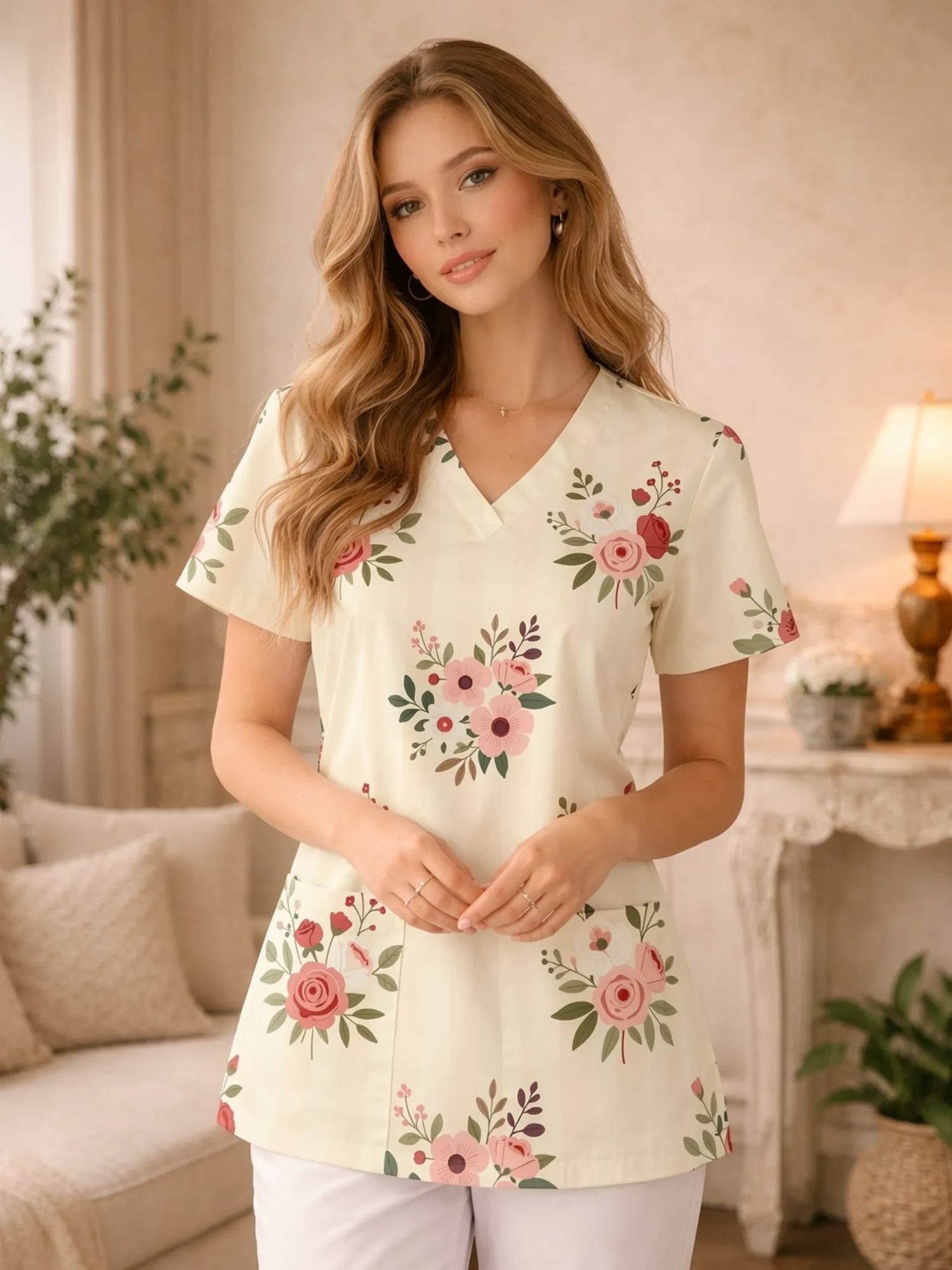 Ladies Modern V Neck Nurse Scrub Top With Front Pockets Botanical Floral Print Casual Fit Roomy Loose Fit For Medical Staff Duty