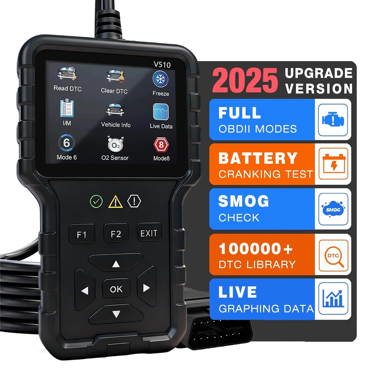 2025 New Model, Supports 8 Languages, Professional Obd2 Car Diagnostic Tool, Direct from the Manufacturer, V510 Professional Code Reader and Scan Tool, Clears Fault Codes, Real-Time Data Stream, Enhanced Engine Fault Code Reading and Reset Tool, Powerful, Modern Design, Durable Structure, No Battery Required