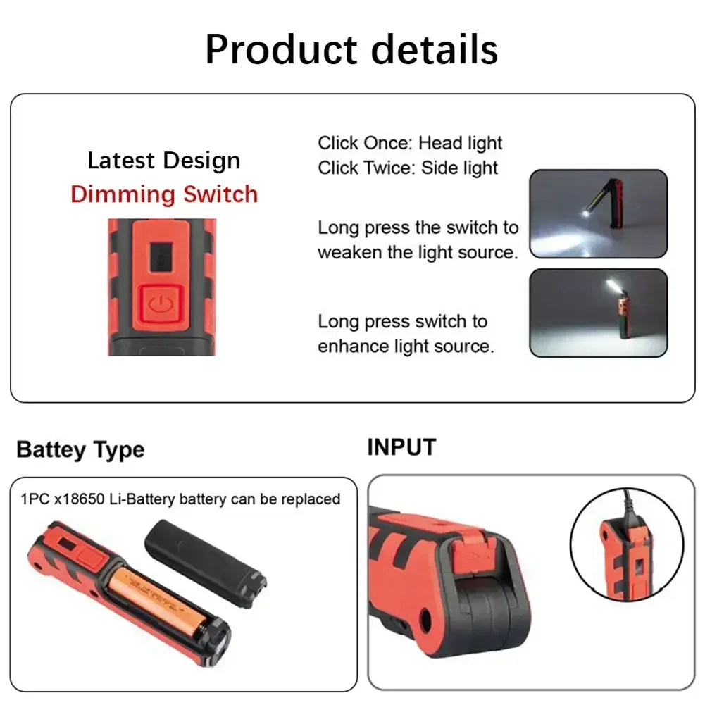 Imagem -03 - Dimmable Usb Lanterna Recarregável Lâmpada de Inspeção Gancho Magnético Power Bank Tocha de Bateria 18650 Cob Led Work Light