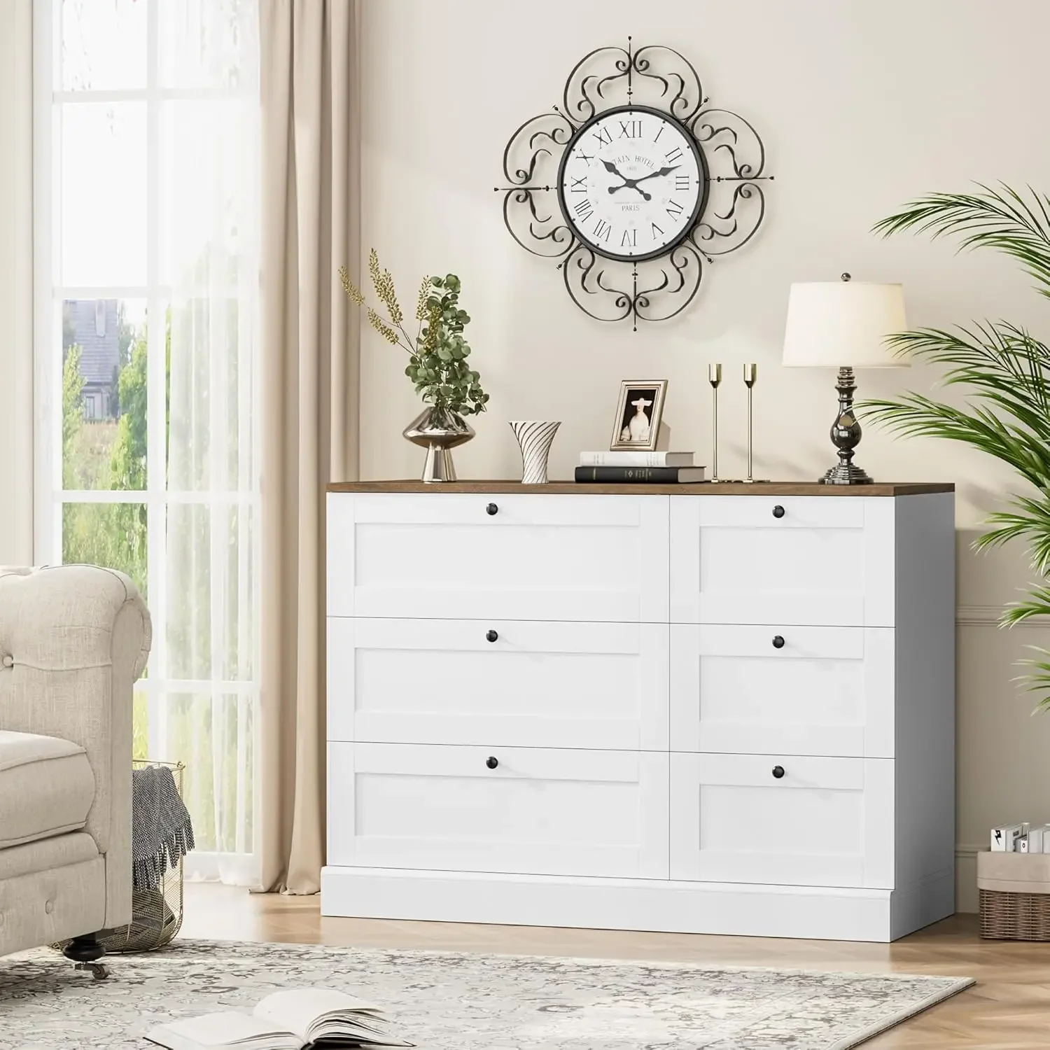 6 Drawer Dresser, White Dresser for Bedroom, Wood Chest of Drawers, Wide Double Dresser, Modern Farmhouse Drawer Chest for Livin