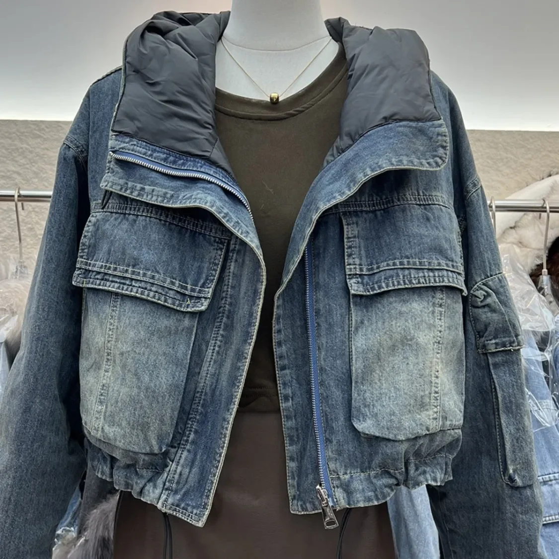 Vintage Denim Jacket Women's Overcoat 2025 Autumn Winter New Fashion Design Sense Hooded Double-Sided Thick Jeans Short Coat