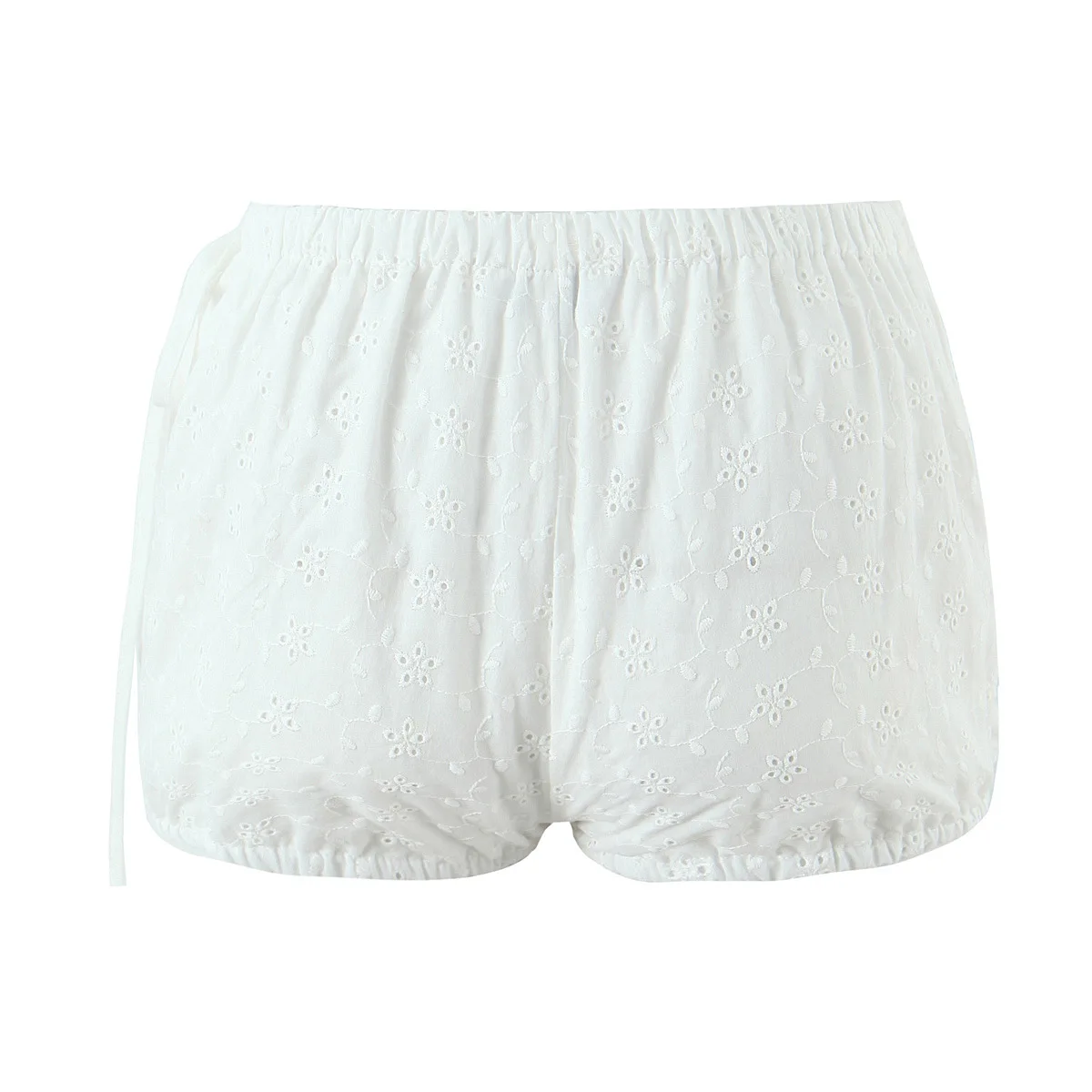 Holiday White Embroidery Hollow out Hole Bow Lacing Up Elastic Waist Mini Shorts Women Wood ears Front Elastic Cuff Short Pants