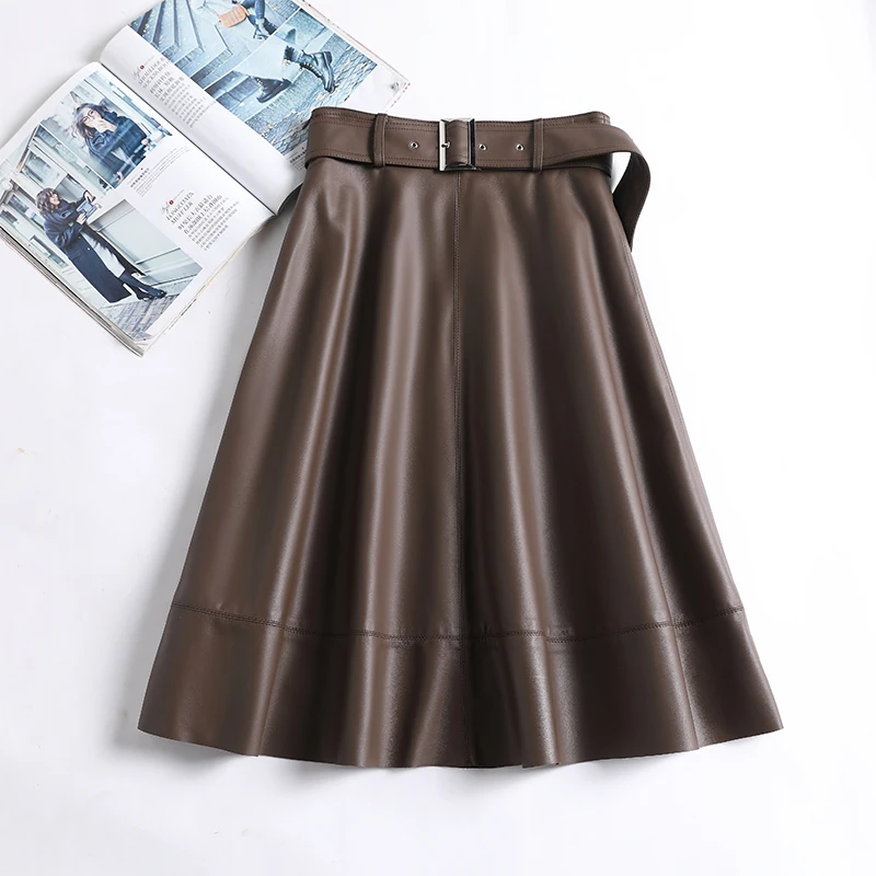 AYUNSUE High Quality Sheepskin Leather Skirt Women High Waist Skirt Korean Style Women's Clothing Mid-length A Line Skirts Belt