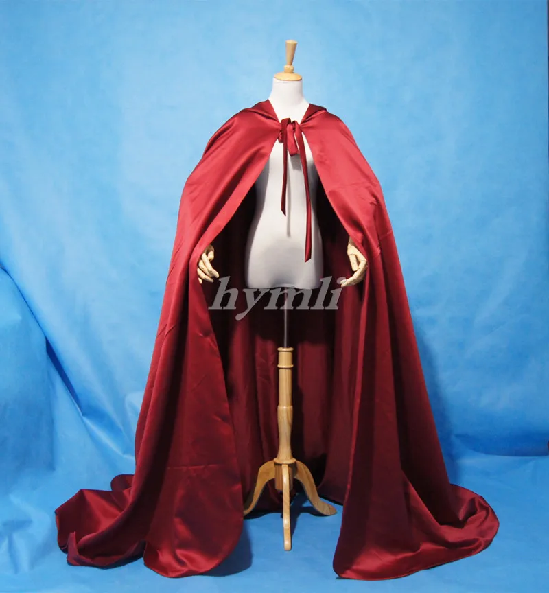 Wine Bridal Cape Hooded Medieval Wedding Cloak Satin Cape Wedding Accessories