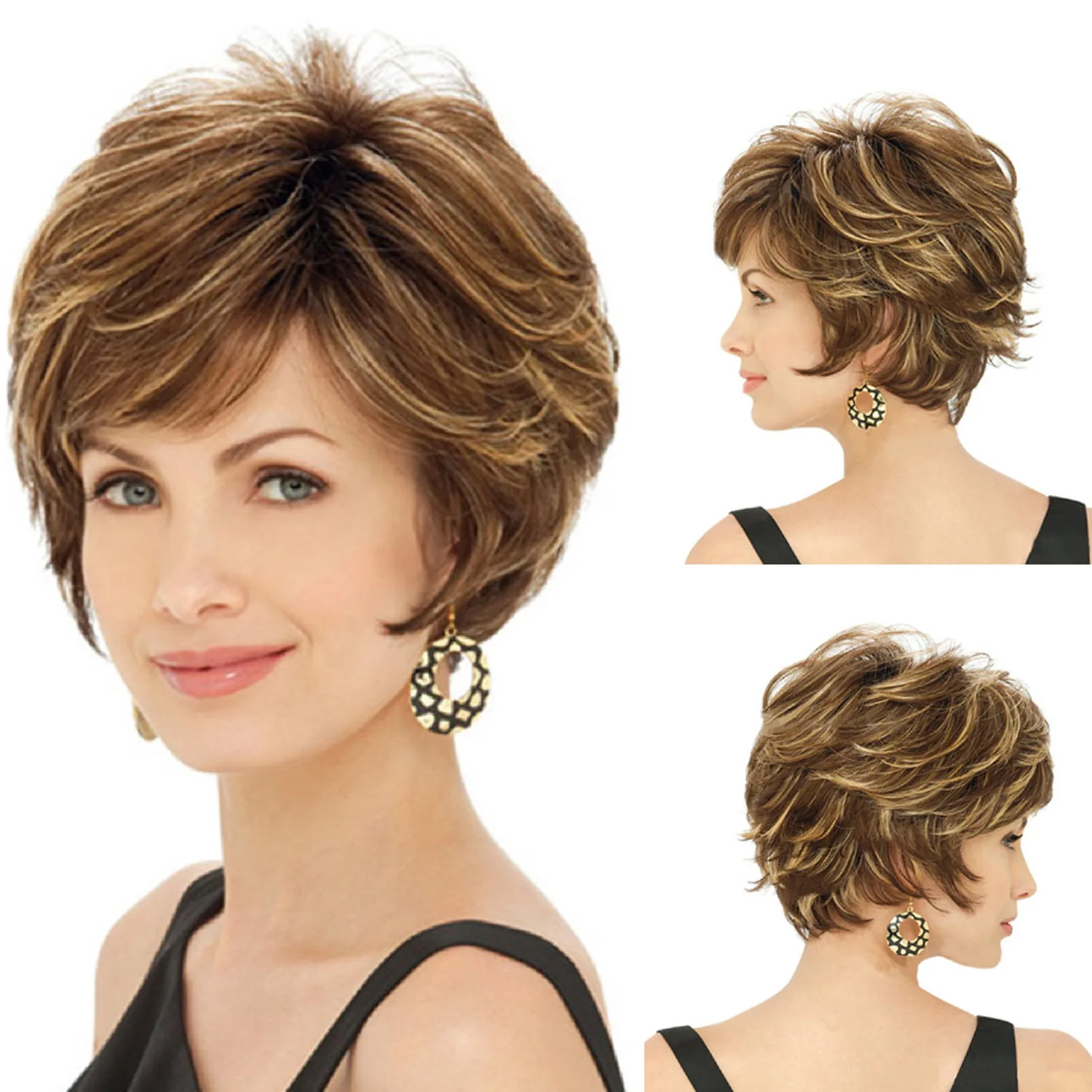 

Brown Short Wavy Curly Wig Synthetic Wig With Bang For Women Daily Party Use Nature Looking Heat Resistant Fiber