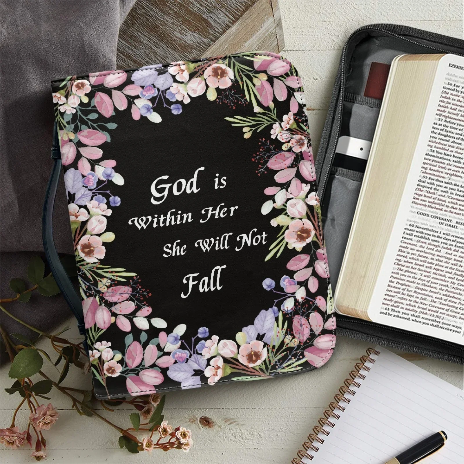 

Flowers Verse Pattern Leather Bible Bag for Women Men Handle Handbags Bible Hymns Bible Cover Case Carrying Storage Bags