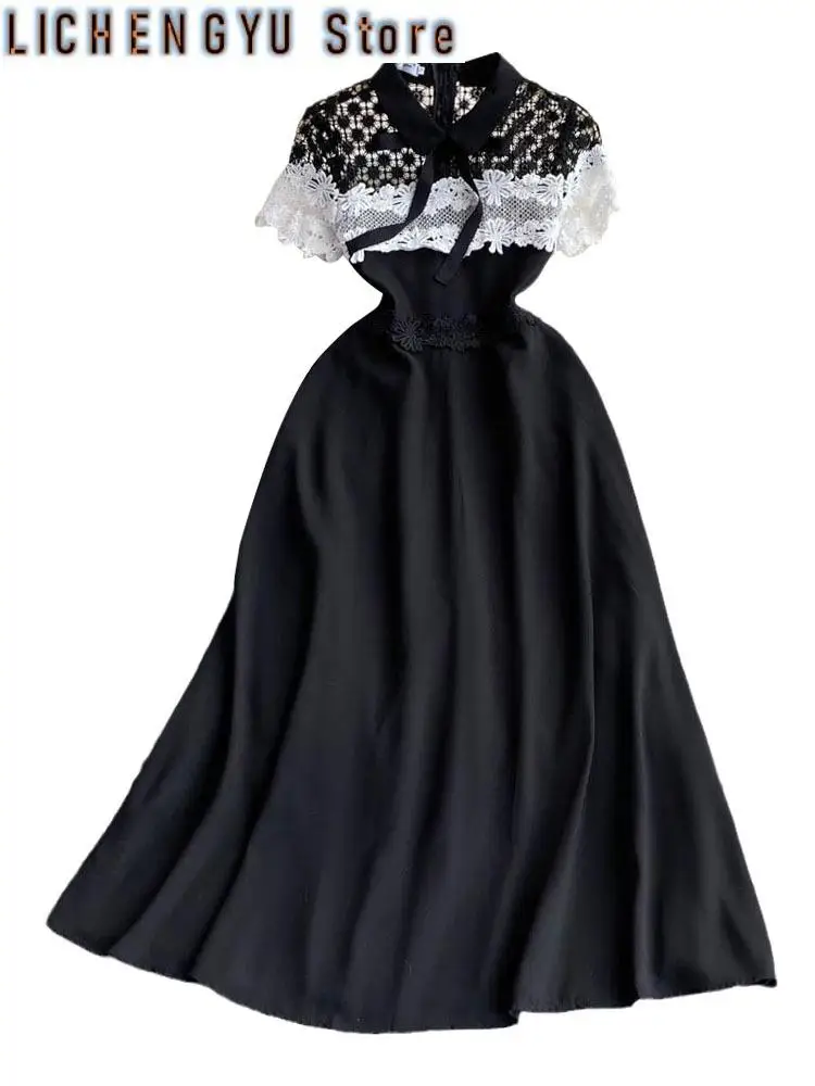 Sweet Style Lace Patchwork Bandage Lapel Short-sleeve Contrast Color High Waist Women's Dress Summer New Dresses