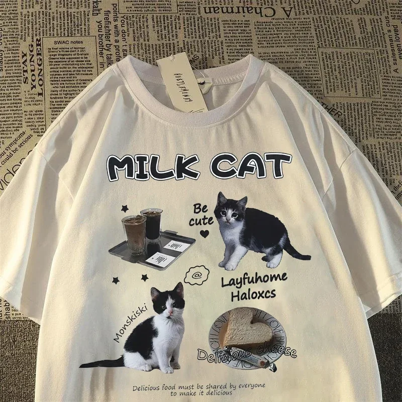 Camiseta con estampado gráfico de gato bonito Harajuku, camiseta de verano Y2k, ropa de calle para mujer, Top de moda, ropa estética barata para