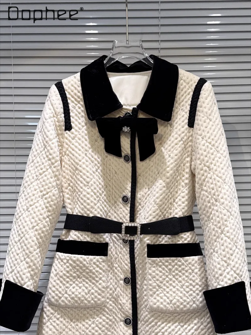 

French Elegant Socialite Velvet Bow Beaded Down Jacket High-end Turn-down Collar Single-breasted Mid-length Thickened Trench