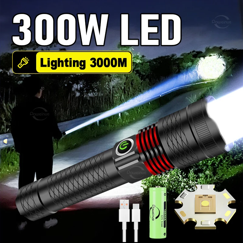 100000LM Ultra Powerful Torch Lamp Telescopic Zoom 3000M Powerful Long Range Flashlight Tactical Lantern Rechargeable Flashlight