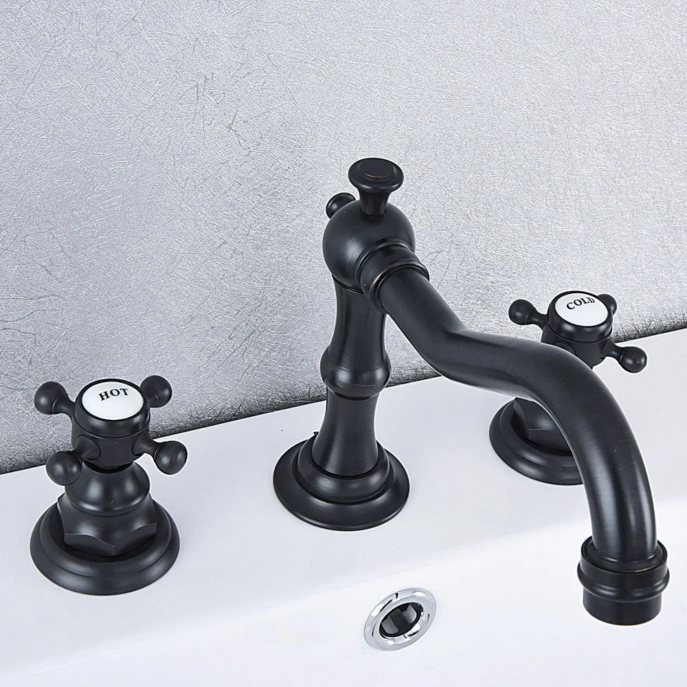 

Black Oil Rubbed Bronze Deck Mounted Widespread Bathroom Sink Faucets 3 Hole Double Handle Hot And Cold Water Tap Lsf541