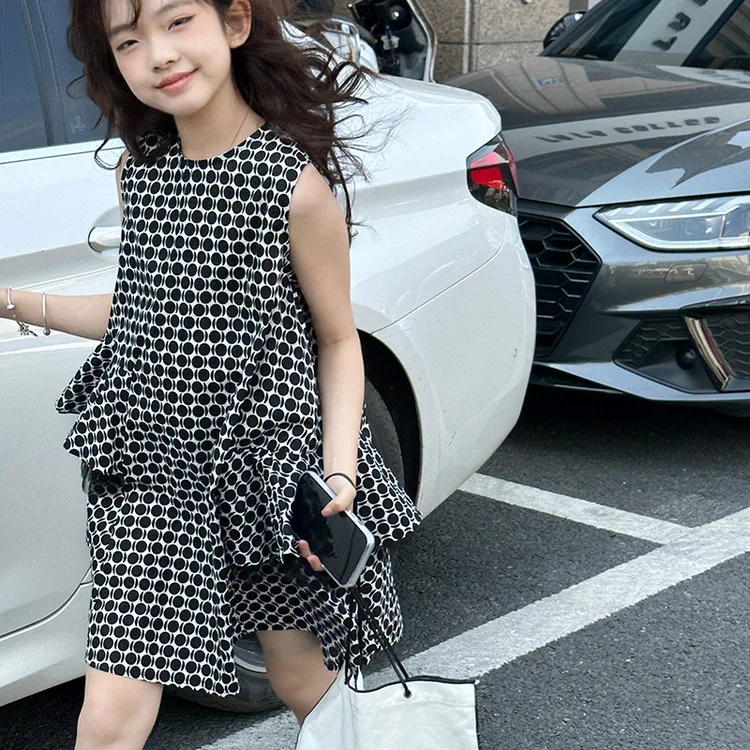 

2025 Korean Summer School Girl Sleeveless Dress Teenager Girl Ruffled Polka Dot Dress Children Girl Fashion Breathable Dress