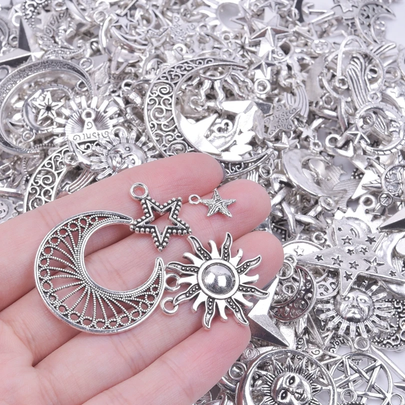 50pcs/Lot Random Mix Sun Moon Star Pendant Charms For Jewelry Making Supplies Metal Accessories DIY Bracelets Necklace Pendants