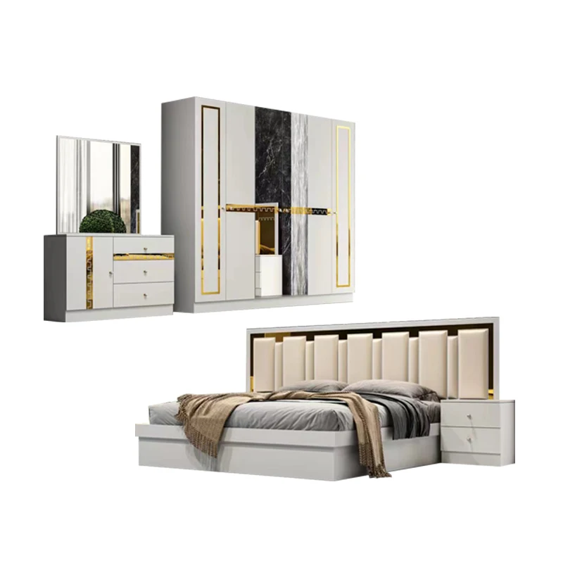 ！@Simple Complete Wooden MDF Bedroom Sets king Room Double Wood Frame Modern Luxury Home Full Bedroom Furniture Set