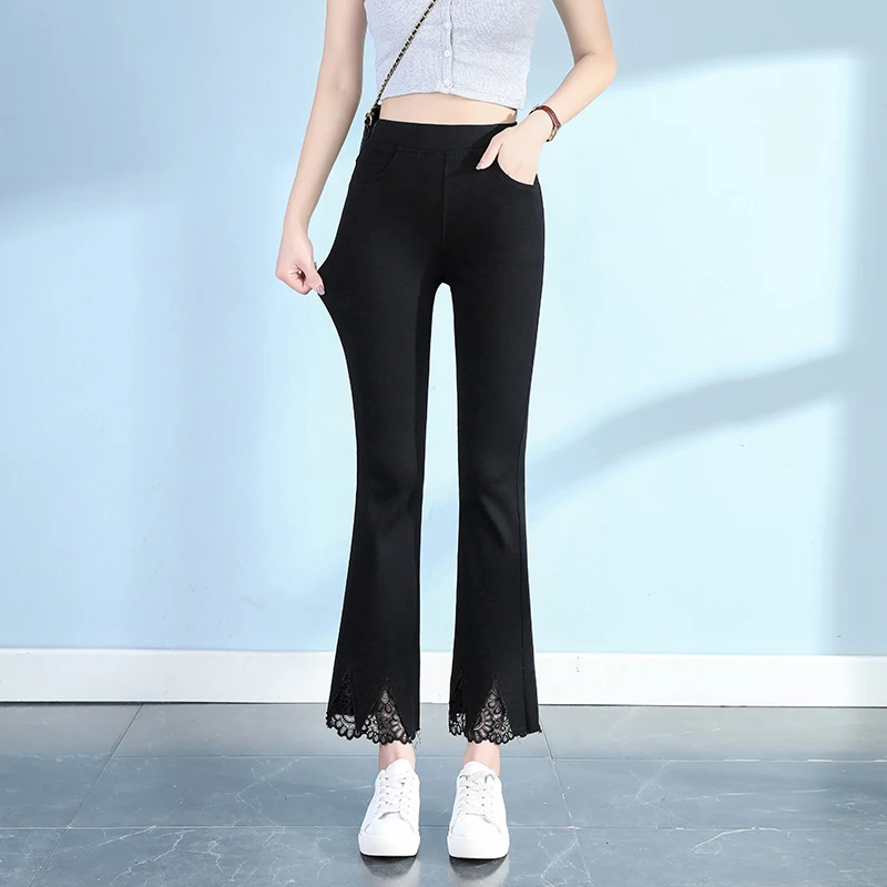 High Waist Elastic Wide Leg Pants Spring Summer Nine Points Small Size Women's Micro Flared Trousers New Style Bottoming Pants