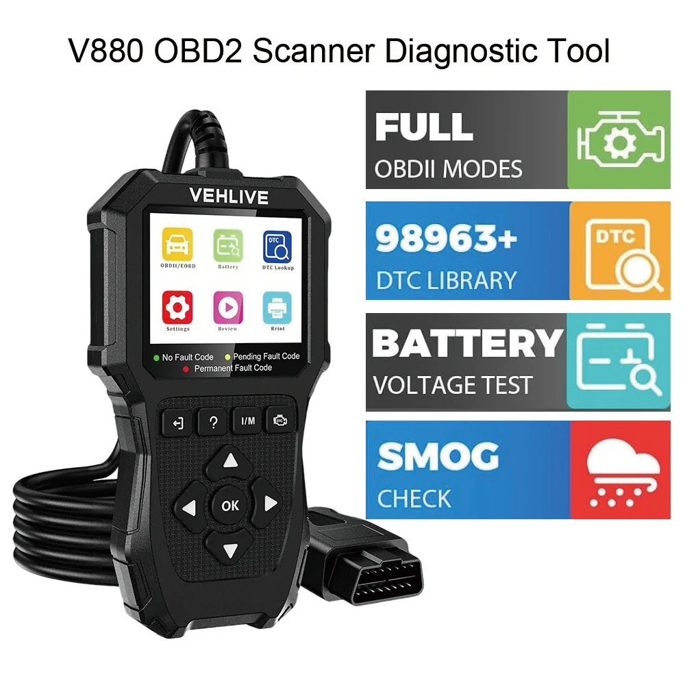 

OBD2 Scanner Diagnostic Tool Check Engine Light Car EOBD Code Reader with Battery Tester Live Data for All OBDII Car After 1996