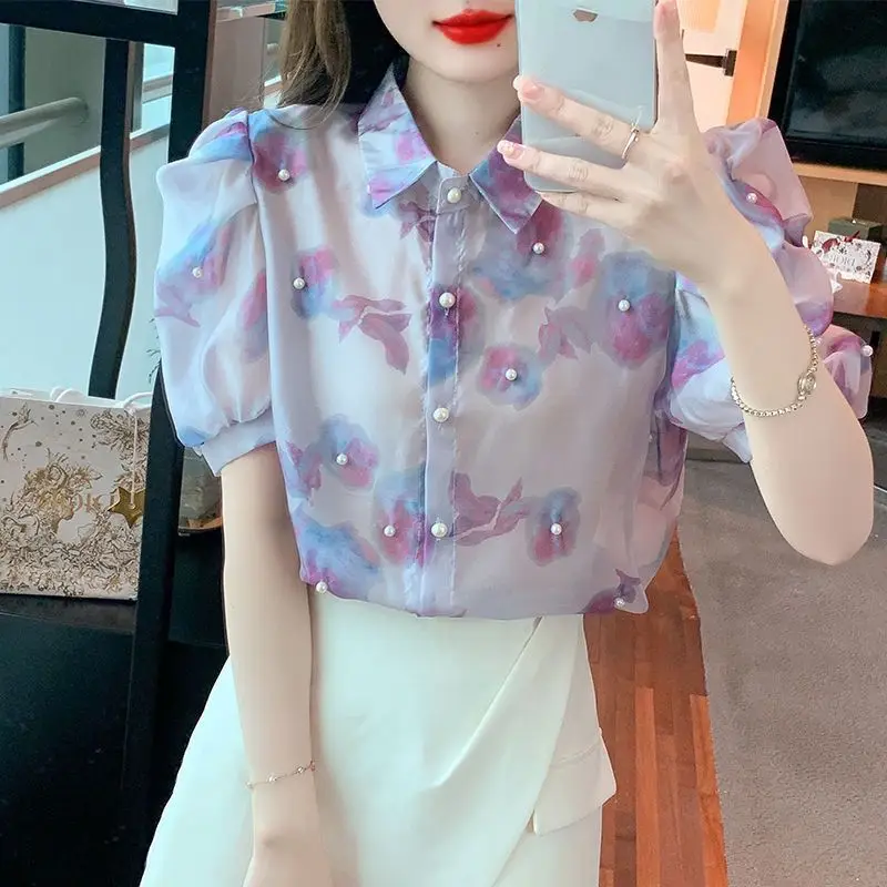 Heavy Craft Beaded Chiffon Blouse Summer New Style Slimming Floral Women's Sweet Top