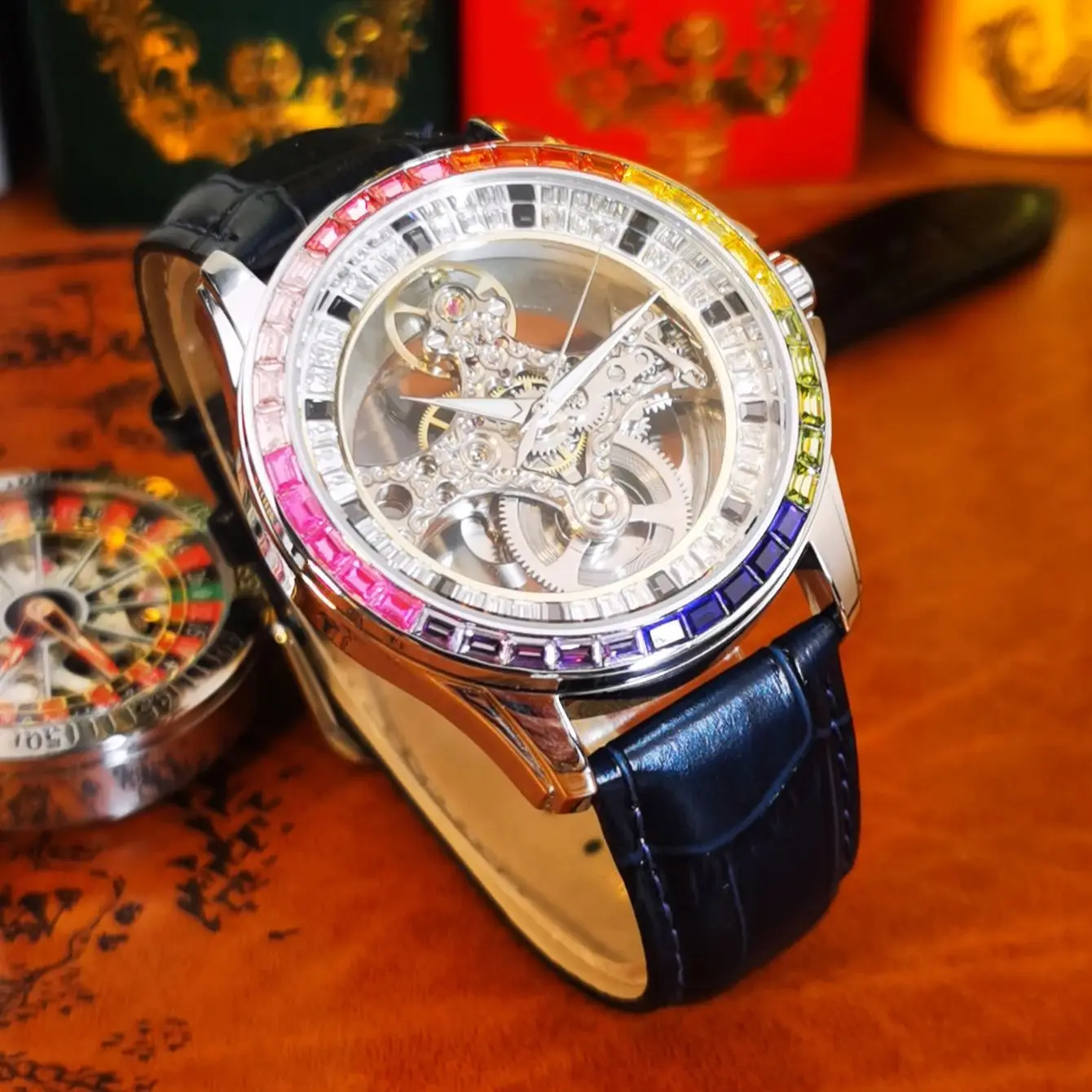 

AOKULASIC Luxury Skeleton Automatic Watch for Men Rainbow Case Blue Leather Strap Fashion Iced Out Mechanical Mens Watches Gifts