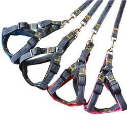 Denim Dog Collar Harness Set, Acessórios Pet, Cachorro e Coleira de Gato, Peito Strap, Pug Vest, Outdoor Walking Leash