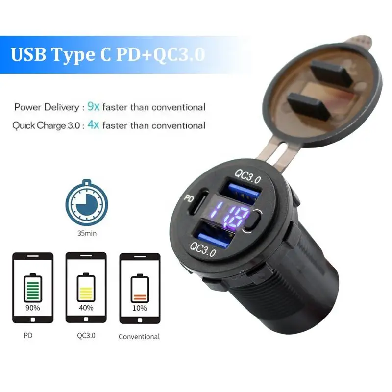 12 فولت USB محول سيارة شحن سريع مقبس الشاحن المزدوج QC3.0 PD نوع C مخرج طاقة اكسسوارات السيارات مع التبديل لشاحنة RV السيارات