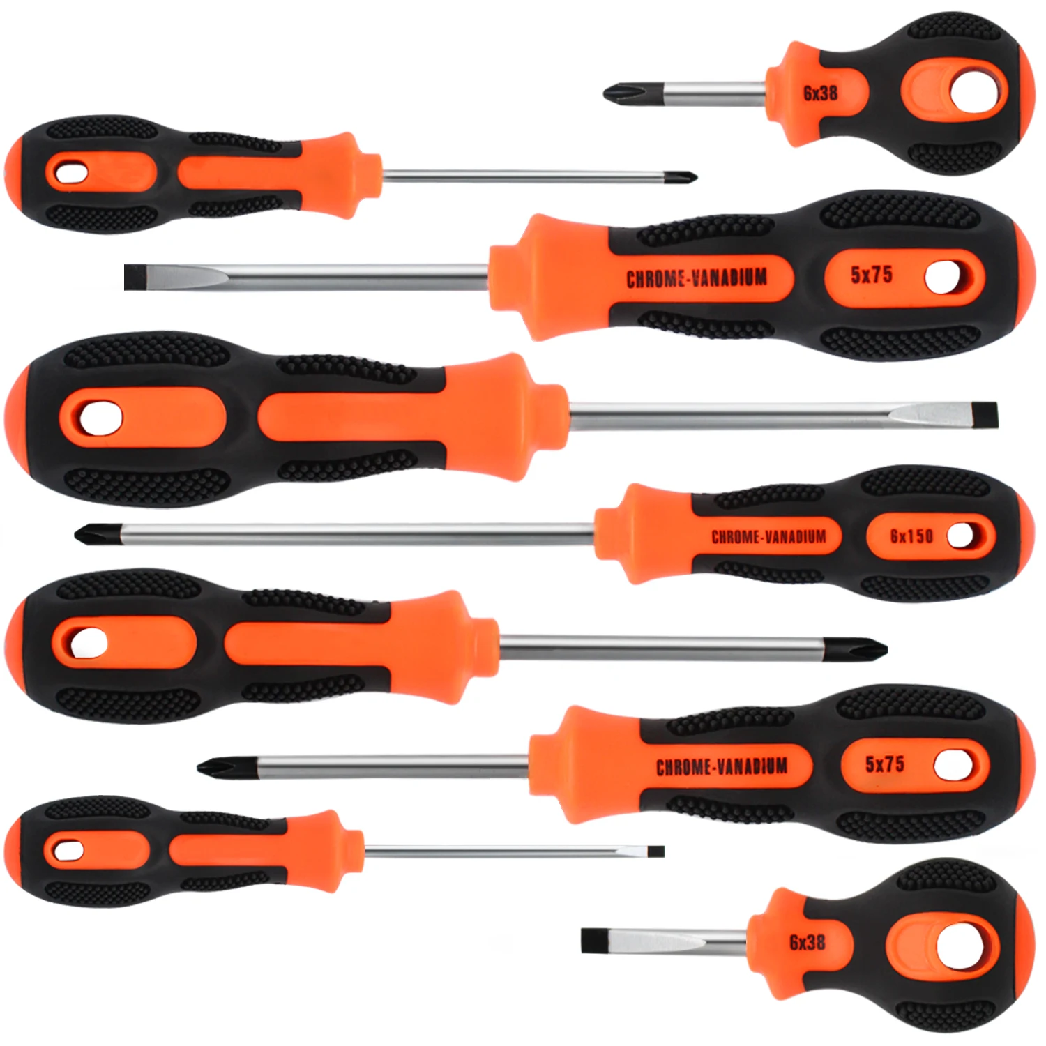 

Five cross-head and four flat-head screwdrivers with anti-slip rubber handles, used for tightening and loosening stuck screws.