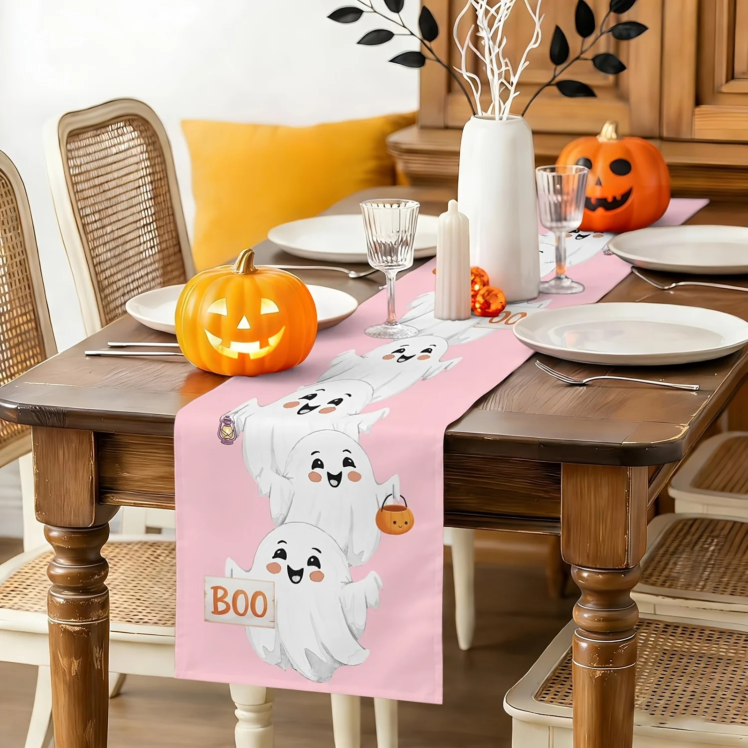1pc Pink Ghost Table Runner, Cute Cartoon Ghost Boo Pattern Decor, Halloween Party Table Cover for Home Kitchen Dining Room Tabl