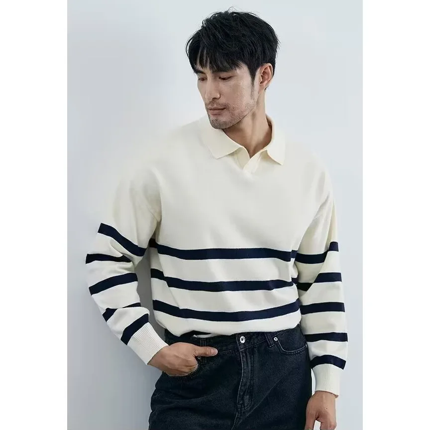 Autumn Winter Striped V-Neck Lapel Long Sleeve Knit Polo Sweater Men's Business Casual Top