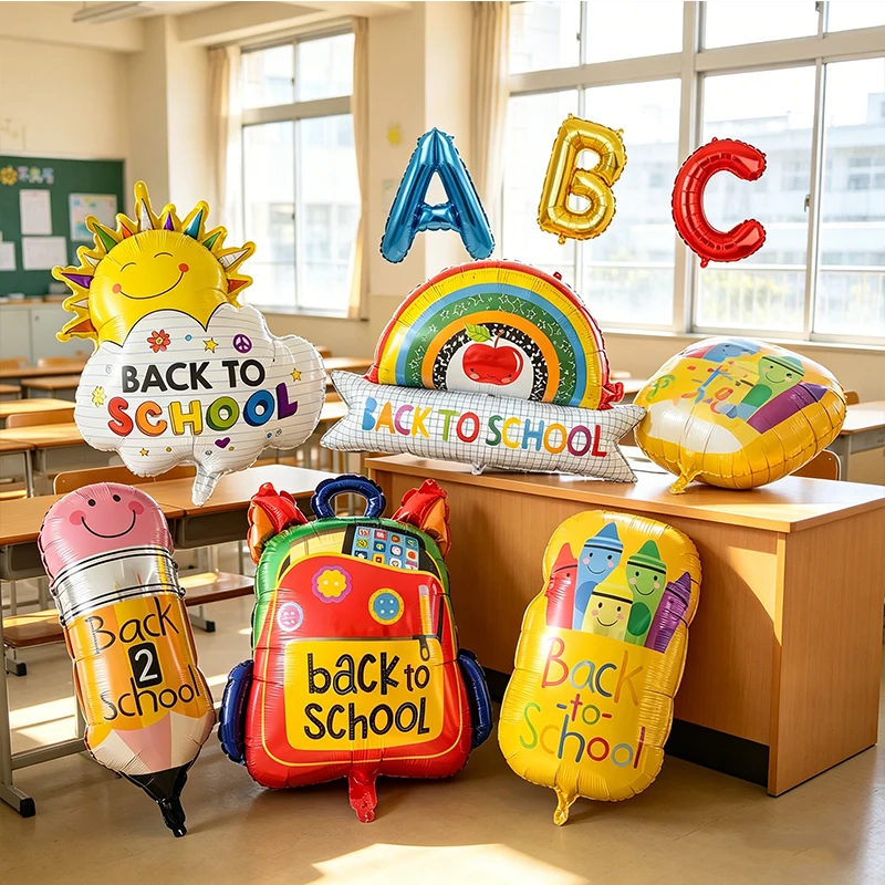 8pcs Aluminum Film Balloons for The Back-To-School Season Schoolbags Pencils Rainbow Rulers ABC Balloons for Classroom Decor